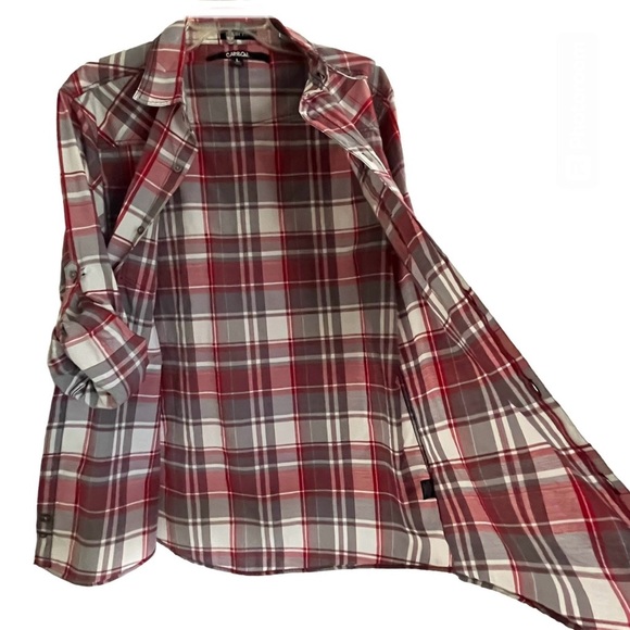 Carbon Plaid Women’s Slim Fit Roll-Tab Sleeves Button Down Collared Perfect NWOT - Picture 4 of 16